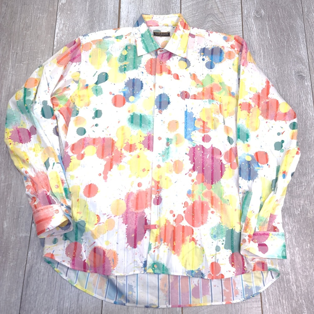 Lipson Sport Button Down Shirt Mens XL Multicolor Paint Splatter Long Sleeve